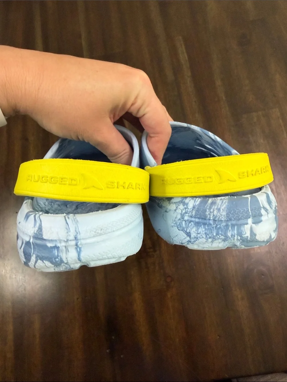 Kids Blue Marble Slip-On Sandals with Bright Yellow Heel Strap